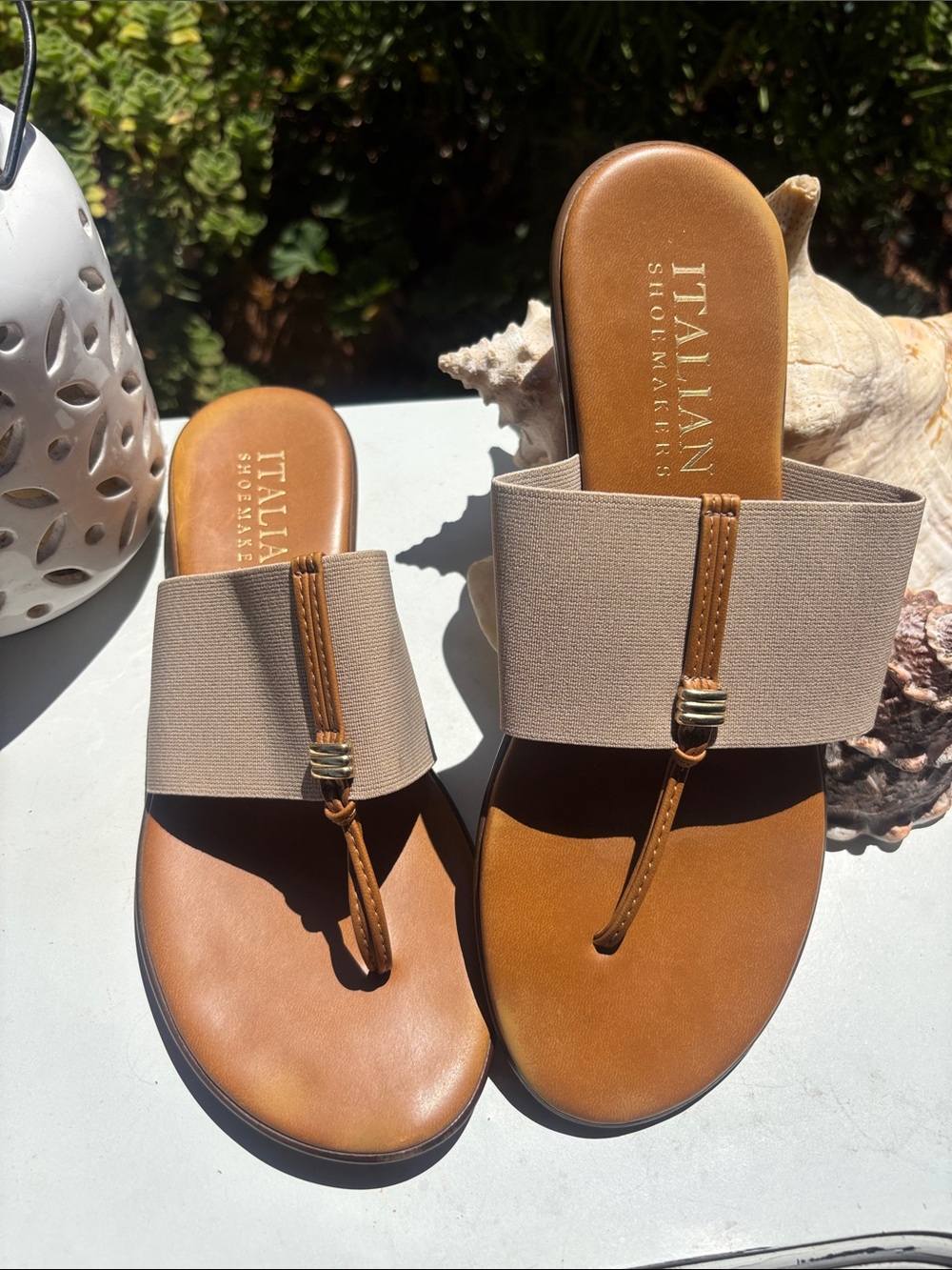 Italian Shoemakers Tan Leather Slide Sandals with Beige Elastic Band